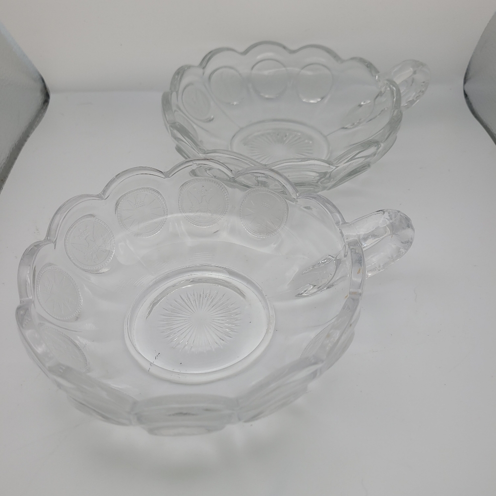6 3/4" FOSTORIA Coin Glass Clear Handled Nappy. Set Of 2